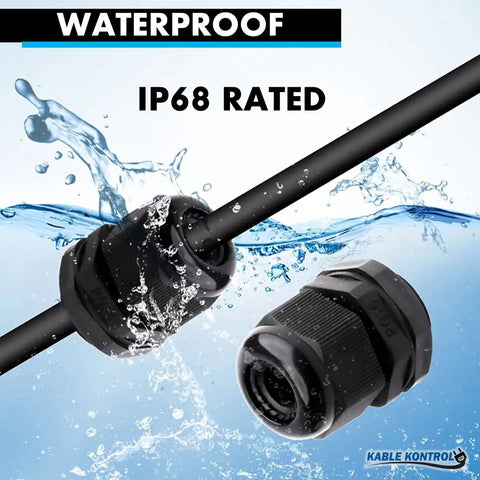 Heavy Duty Nylon Cable Glands For 34-44mm Cables Straight Gland 48 PG Thread IP68 Waterproof Cord Grip in use with water splash