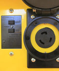 Pro Grade Job Site Power Distribution Workhorse With Beefy Durable Exterior And Six Nema L5 20r Plus One L6 30 Locking Receptacles close-up view of power receptacle and reset switch.