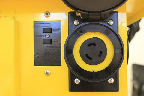 Pro Grade Job Site Power Distribution Workhorse With Beefy Durable Exterior And Six Nema L5 20r Plus One L6 30 Locking Receptacles close-up view of power receptacle and reset switch.