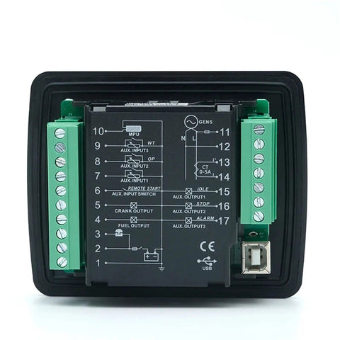 Generator Control Module DC30D Automatic Genset Controller Panel Smart One Unit Set for Reliable Backup Power Plug And Play Setup Intelligent Load Management Industrial Diesel And Gas Gen Set Control System front view with terminal blocks and USB port