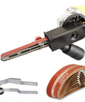 Solid Belt Sander Attachment For Angle Grinder Fits 4 5 Inch Tools And US 5 8 To 11 Thread, includes sanding belts and mount.