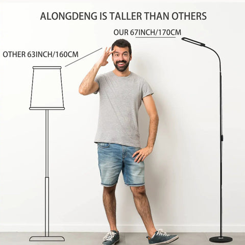 Comparing heights of LED Floor Lamp With Dimmable Color Temperature And Height Adjustable Gooseneck beside person, 67 inches tall