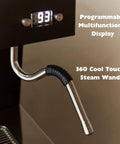 Kickass Semi Professional Espresso Machine With PID Temperature Precision And Programmable Volumetric Controls Single Thermoblock display and steam wand close-up.