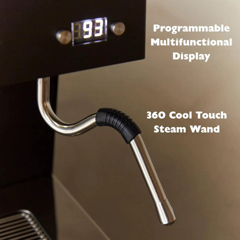 Kickass Semi Professional Espresso Machine With PID Temperature Precision And Programmable Volumetric Controls Single Thermoblock display and steam wand close-up.