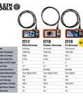 Comparison of Klein Tools ET17, ET18, ET19 borescopes with specifications table, showing Rugged Utility Borescope Endoscope Camera.