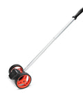 Dual Wheel 4 Inch Compact SAE Measuring Wheel With Gear Driven Counter Telescoping Handle Glare Resistant Display Analog Dial Reads Up To 10000 Feet Easily, side view.