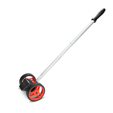 Dual Wheel 4 Inch Compact SAE Measuring Wheel With Gear Driven Counter Telescoping Handle Glare Resistant Display Analog Dial Reads Up To 10000 Feet Easily, side view.