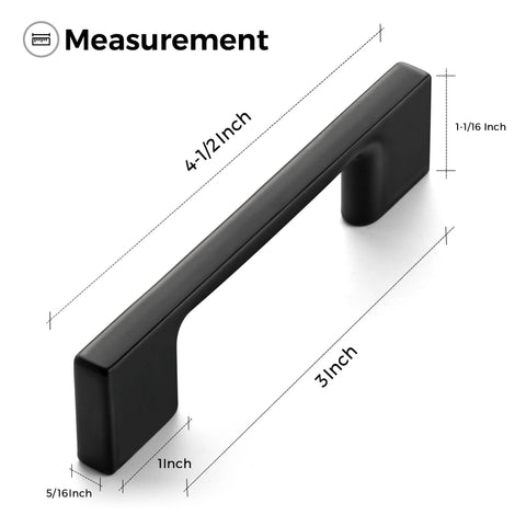 3 Inch Wide Foot Cabinet Pulls 10 Pack Matte Black Cabinet Handles with measurement details showing length and dimensions