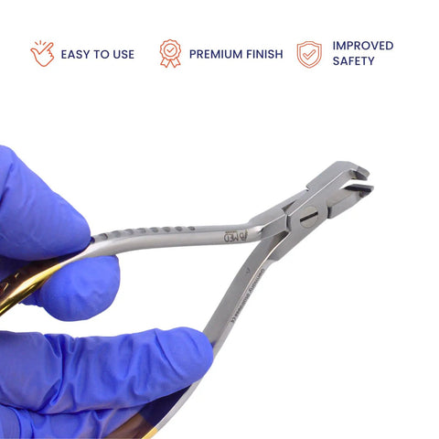 Pro Grade Tungsten Carbide Distal End Cutter for Orthodontics, 5.5 Inch Wire Cutter With Flush Trim, Cuts Hard Archwires Up To 0.022 By 0.028 Inch, Precision Pliers, Stainless Autoclavable Dental Tool, held in gloved hand