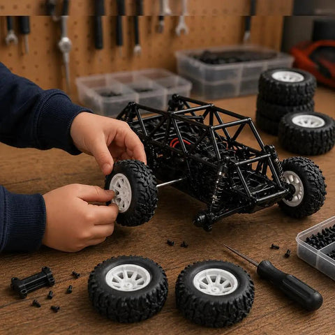 Person assembling 4 Pack RC Car Wheel Set with Rubber Tires and Metal Shaft Axles for Remote Control Cars Trucks and Robots 55mm Diameter