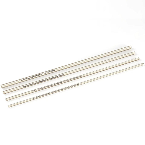 Top-Shelf Stainless Steel Bore Alignment Rod For 6.5 Creedmoor, four stainless rods laid flat with clear markings.
