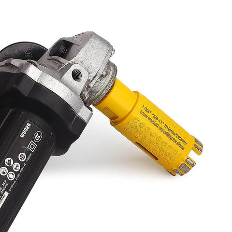 Casaverde 1-3/8 in diamond core drill bit attached to cordless drill, side view
