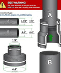 Flexible PVC Reducing Coupling With Stainless Steel Clamps For Four Inch By One And One Half Inch Nominal Pipe DWV Drain Waste And Vent System Indoors Or Outdoors Leak Proof Durable size warning diagram