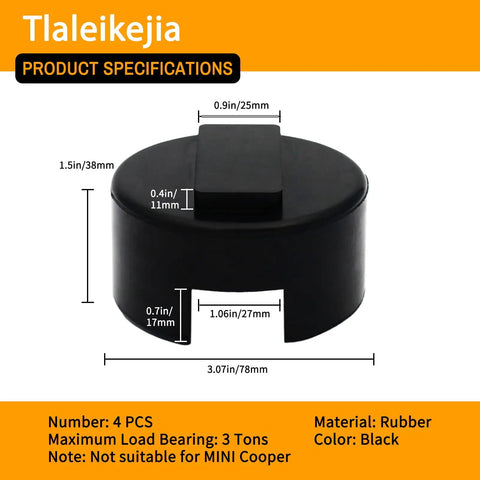 Jack Pad Adapters For BMW And Mini Cars Pinch Weld Frame Rail Protector Heavy Duty Floor Jack Rubber Pads With Handy Storage Bag Puck Adapters For BMW 1 Series Through 6 Series And Mini Models. Black rubber jack pad adapter, dimensions labeled.