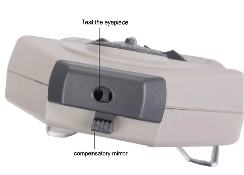 Side view showing test eyepiece and compensatory mirror on Digital Pupilometer PD Meter With LCD Display For Pupillary Distance 45 To 82 Mm Pro Grade Optical Tool For Eyewear Fitting And Eye Exams High Precision Direct Point Sampling For Accurate Pupillary Distance Measurement.