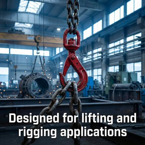 Grade 80 Forged Swivel Self Locking Hook For Three Eighths Inch Chain, 7100 Lb Working Load Limit, Heavy Duty Hoisting Rigging Connector For Lifting And Hoists in red with chain