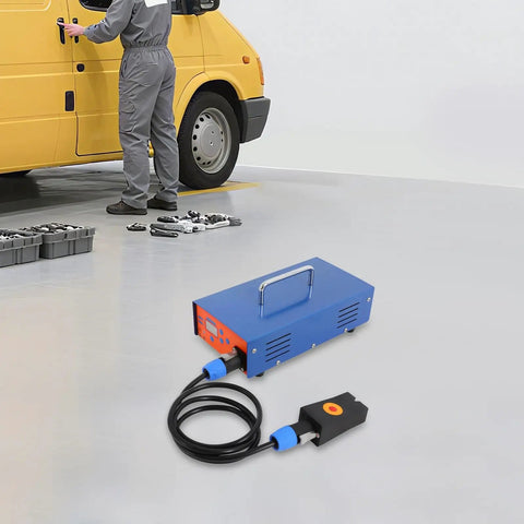 Portable Electric Dent Repair Kit With 1380W Paintless Dent Puller And 110V US Plug Induction Heater For Auto Body Dent Removal Pro PDR Tool Set for mobile car repair pros shown on a workshop floor next to a yellow van.