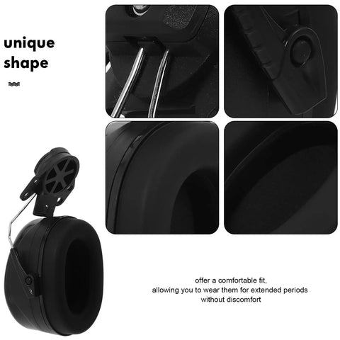 Beefed Up Heavy Duty Safety Hard Hat Earmuffs With Zero Hassle Adjustable Fit And Deep Noise Cancelling Seals For Crews Knocking Out Loud Job Site Projects close-up of black earmuff sections highlighting unique shape and comfort features.
