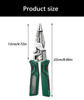 Premium Rigid Solid Steel Wire Stripper Tool With Built In Voltage Tester, 8.66in heavy duty pliers shown with size dimensions.