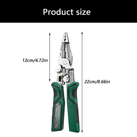 Premium Rigid Solid Steel Wire Stripper Tool With Built In Voltage Tester, 8.66in heavy duty pliers shown with size dimensions.