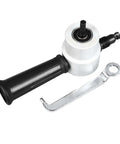 Pro Grade Double Head Sheet Metal Nibbler Cutter With 360 Degree Rotating Alloy Heads 8mm Chuck Drill Attachment shown with handle