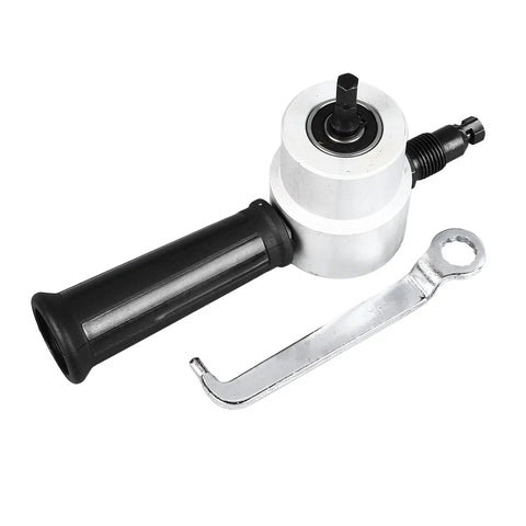 Durable Alloy 360 Degree Double Head Sheet Metal Nibbler Drill Attachment Featuring Burr-Free Cutting For Precise Carpenter Tools And Efficient Time Saving Metalworking Projects with black handle and metal wrench.