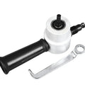 Hot Double Head Sheet Metal Nibbler With 360 Rotatable Alloy Heads For Cutting Iron Steel Copper Aluminum Electric Cordless Drill Attachment, showing drill attachment and tool wrench.