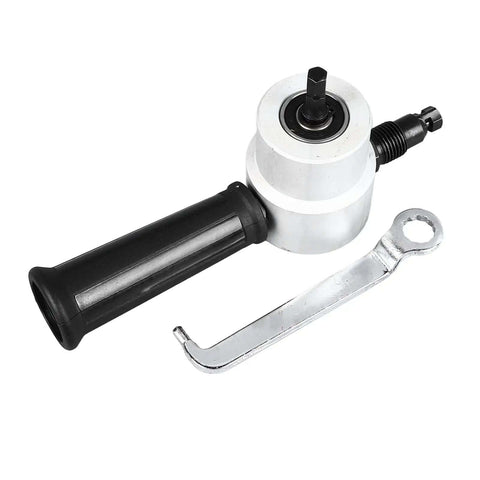 Dual Head Sheet Metal Cutter Nibbler Drill Attachment with handle and wrench for burr-free cuts, 360-degree alloy head, DIY metal cutting tool