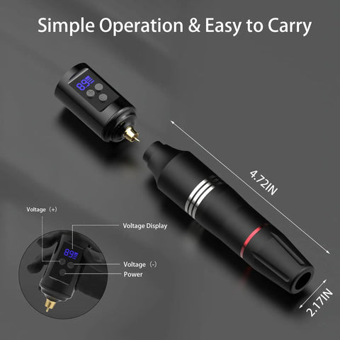Wireless Tattoo Kit For Beginners All In One Rotary Pen Machine with voltage display, 4.72in pen and 2.17in battery