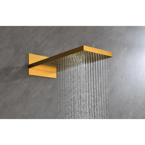 Shower System with Waterfall Rainfall Head, Handheld, Wall-Mounted Faucet in sleek gold finish with waterfall spray.