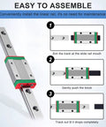 600mm MGN9 Linear Rail Guide with MGN9H Carriage Block for DIY 3D Printer, showing installation steps and steel rails.