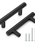 5 Pack Black Bar Cabinet Pulls Two And One Half Inch Center To Center, Four Inch Overall Length, Stainless Steel T Bar Handles For Kitchen Cabinets, Doors, And Dressers, Sleek Modern Hardware, Durable And Easy To Install. black stainless steel T-bar pulls with screws