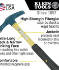 Electrician's Straight-Claw Hammer 18 Ounce Workhorse With Extra-Long Neck, High-Strength Fiberglass Handle, Perforated Neoprene Grip