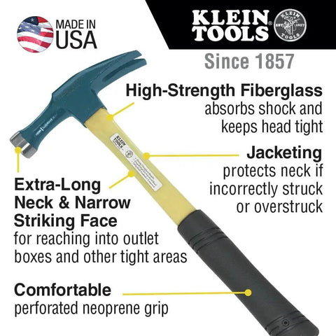 Electrician's Straight-Claw Hammer 18 Ounce Workhorse With Extra-Long Neck, High-Strength Fiberglass Handle, Perforated Neoprene Grip