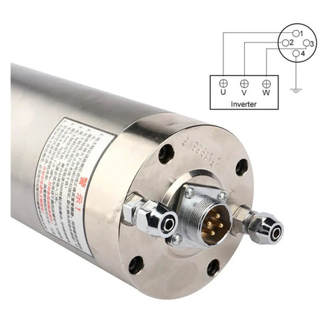 2.2KW Water Cooled Spindle Motor For CNC Router And Milling Machine Featuring Liquid Cooling, showing a silver motor with connection ports.