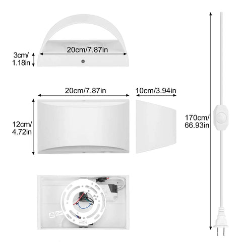 Diagram of 12W Plug-In LED Wall Sconce With Dimmable Up-Down Lighting dimensions and parts layout with 170cm cord length.