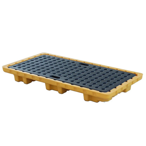 Heavy Duty 2 Drum Spill Containment Platform With Grating, Stackable Modular Spill Pallet, Outlet Ready, Yellow And Black Polyethylene