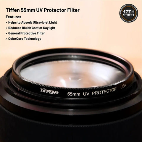 Close-up of Tiffen 55mm UV protector filter atop a camera lens