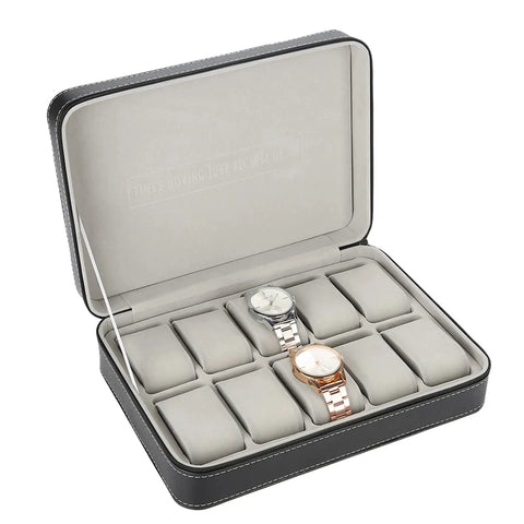 Top Shelf 10 Grid Watch Storage Box With Cushioned Dividers For Organizing Your Cool Watch Collection On The Go Or Desk Display Plus Ring Holder And Travel Essentials Case, opened view with two watches in cushioned slots.