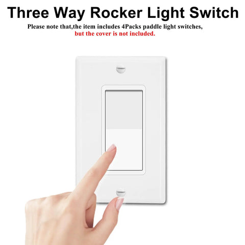 Three Way White Light Switch 4 Pack 15A 120 To 277V Rocker Switches For Single Pole Or Three Way Lighting Home And Office Grade UL And CUL Certified Durable Gloss Finish Easy Install white rocker switch being pressed