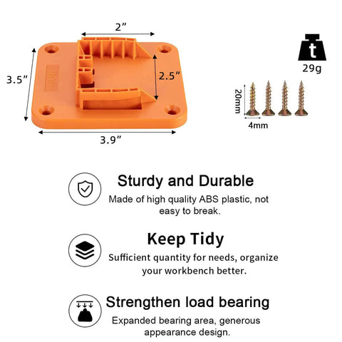 18V Li-Ion Drill Mount Holder Rugged Heavy Duty ABS Wall Dock Hanger with dimensions and included screws