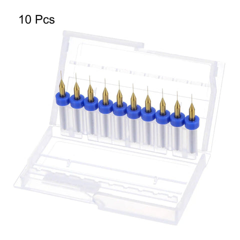 Ten Piece PCB Drill Bit Set 0.3mm Titanium Coated Carbide Micro Twist Bits With One Eighth Inch Shank displayed in a case