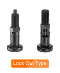 Rock Solid 3 Pack Ball Nose Spring Plunger Set With Push Fit Locking M12x1.5 Thread And 6mm Pin Diameter Black Oxide Carbon Steel close-up of lock out type plungers.