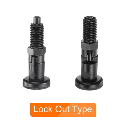 Rock Solid 3 Pack Ball Nose Spring Plunger Set With Push Fit Locking M12x1.5 Thread And 6mm Pin Diameter Black Oxide Carbon Steel close-up of lock out type plungers.