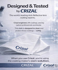 Front view of Crizal microfiber eyeglasses cleaning cloths, 4-pack, white with Crizal logo, AR-coated lens safe
