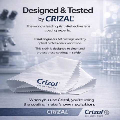 Front view of Crizal microfiber eyeglasses cleaning cloths, 4-pack, white with Crizal logo, AR-coated lens safe