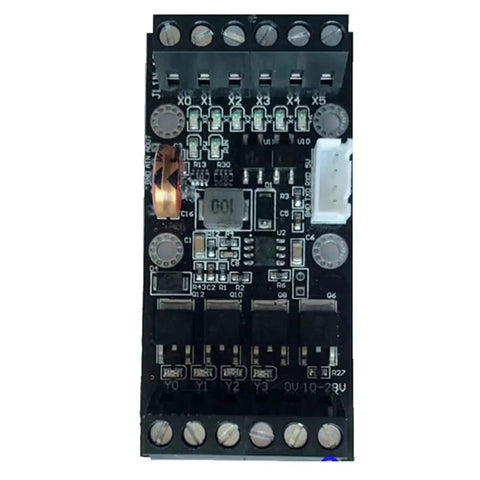 Plug And Play PLC Transistor Output Module With Six In And Four Out FX1N10MT Style Industrial Control Board DC 10 To 28 Volt Power Supply Includes Program Cable For Quick Setup And Reliable Automation. black PCB with screw terminals and connector