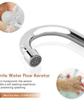 Close-up of Leak-Free 6-Inch Swivel Bar Sink Faucet with Ceramic Valve Cartridge, showing aerator with water flow, chrome finish.