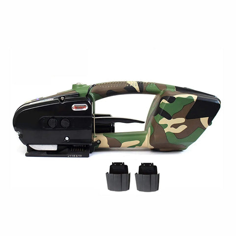 Solid Heavy Lifter Portable Electric Strapping Machine With 3000 Mah Battery Automatic Handheld Plastic Strap Welder For Pet Pp Banding No Sweat Compact Packing Supply Kit side view with camouflage design.