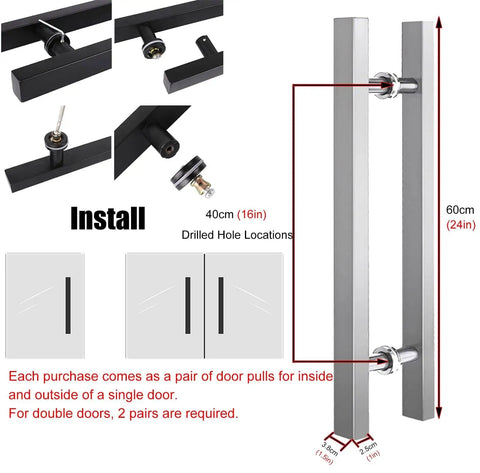 H Shape Heavy Barn Door Pull Handle For Wood And Glass Doors Exterior Interior Push Pull Handle In Grey 80cm Built Tough Stainless Steel Build Easy Install With All Hardware Modern Rustic Style, shown in dimensions with installation details.